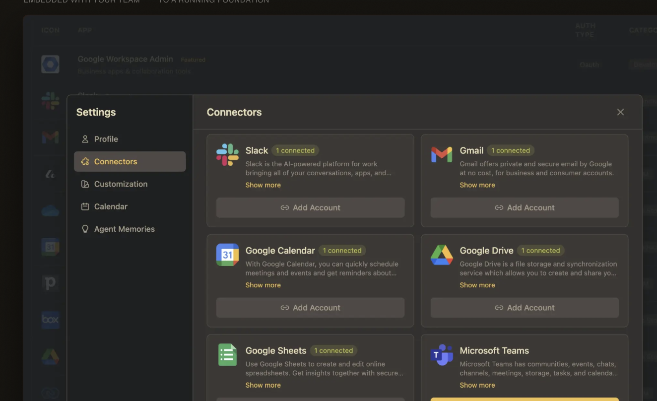 Chiri connectors panel showing real connected apps
